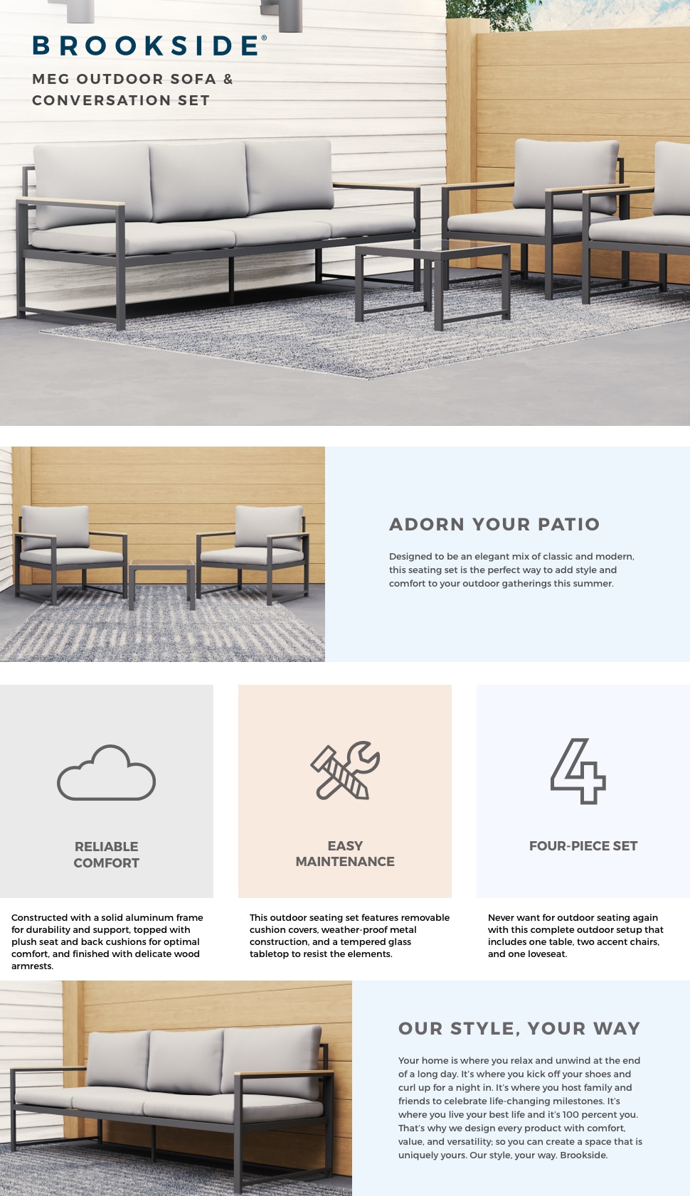 Brookside Meg 4Piece Outdoor Metal Sofa Set Patio Conversation Seating